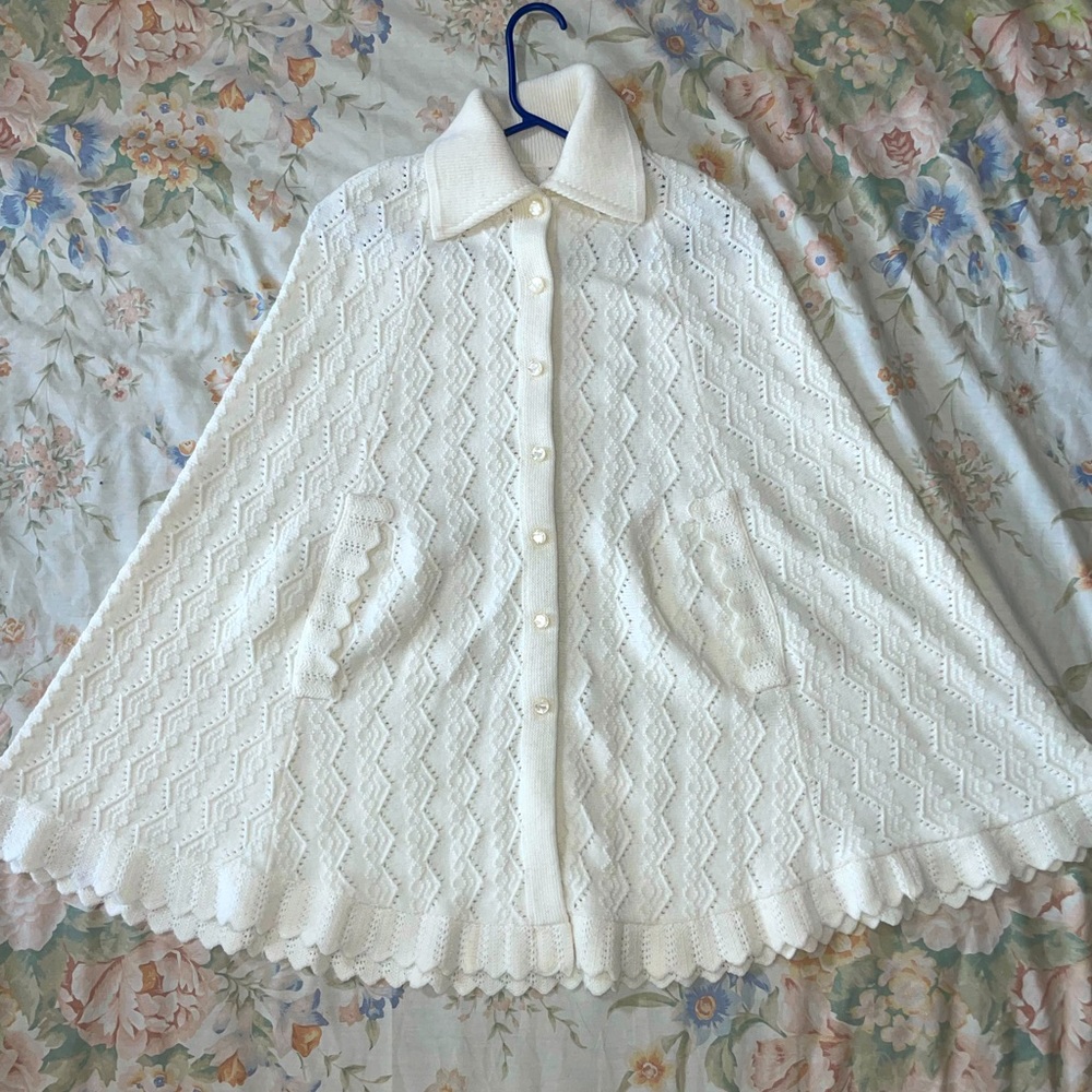 Vintage Knit Poncho, Pearl-like buttons, slots for hands to come out.